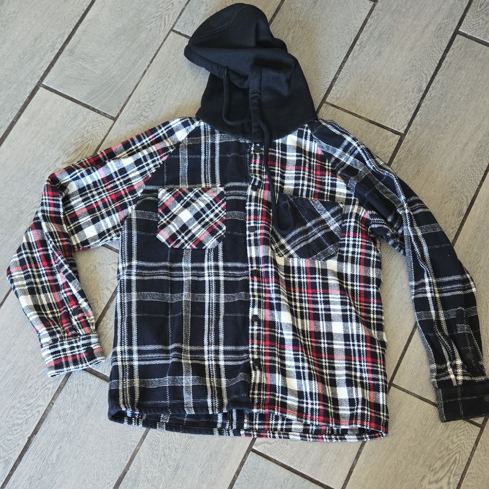 Zara Mens Relaxed Fit Hooded Flannel Shirt Mixed Plaid Black Red White Medium